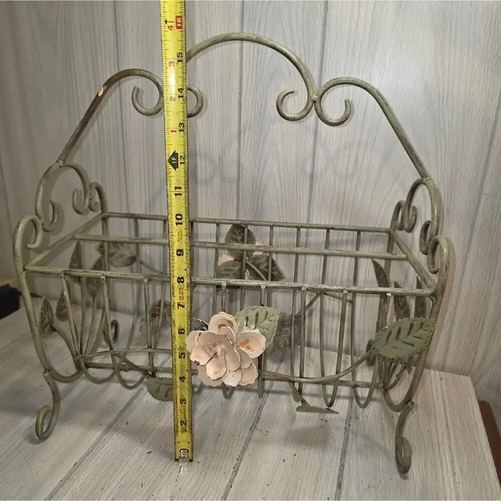 Vtg White Wrought Iron W/Pink Metal Flower Magazine Rack Storage Bin Coquette